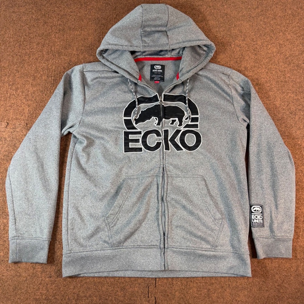 A+ Ecko Unltd Mens Full Zip Hoodie Gray Rhino Logo Fleece Sweatshirt Large gym